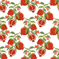 Seamless Pomegranate Pattern with Leaves and Flowers – Vibrant Red Fruit Design for Textiles, Packaging, and Decor