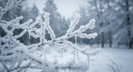 Frosted branch with icicles dangles in a snowy blurred forest