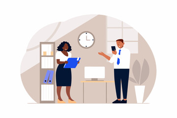 Diverse colleagues collaborating in an office setting discussing a project while looking at a tablet