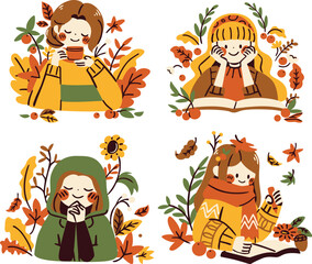 Playful calm coffee characters in retro blue illustration featuring mugs, pots, filters, and cozy drink moments