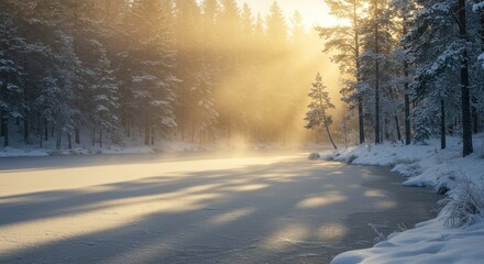 Snowcovered forest and frozen lake lit by golden sunlight streaming through the trees