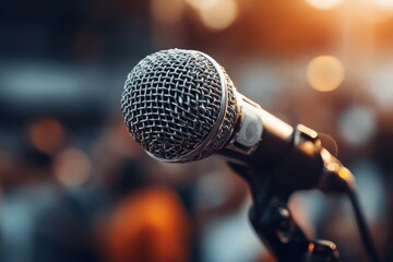 Close-up of a microphone with a blurred background, suggesting a performance or event. Warm lighting and a sense of anticipation fill the scene