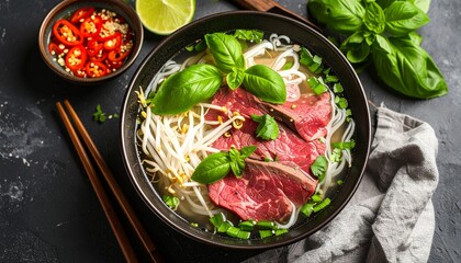 Traditional Vietnamese Pho Bo soup with rare beef noodles and fresh basil.
