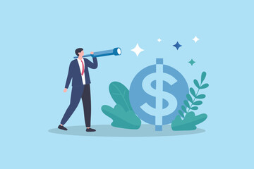 Businessman with telescope looking for financial growth and investment opportunities near a large dollar sign