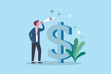 Businessman with telescope looking at giant dollar sign symbol represents financial growth and investment opportunities