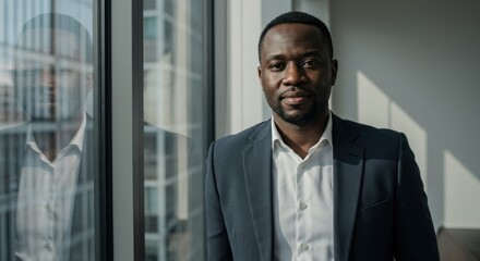 A Black man in a suit stands by a window his reflection visible in the glass in a bright indoor setting