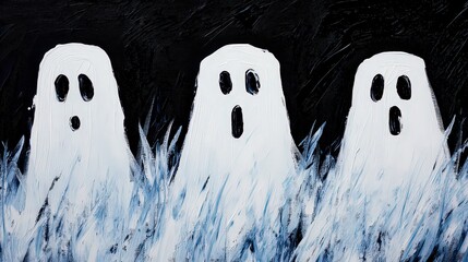 Obraz premium Three ghostly figures emerge from a dark, abstract background, creating a spooky atmosphere, This image can be used for Halloween promotions, horror-themed events, or creative projects,