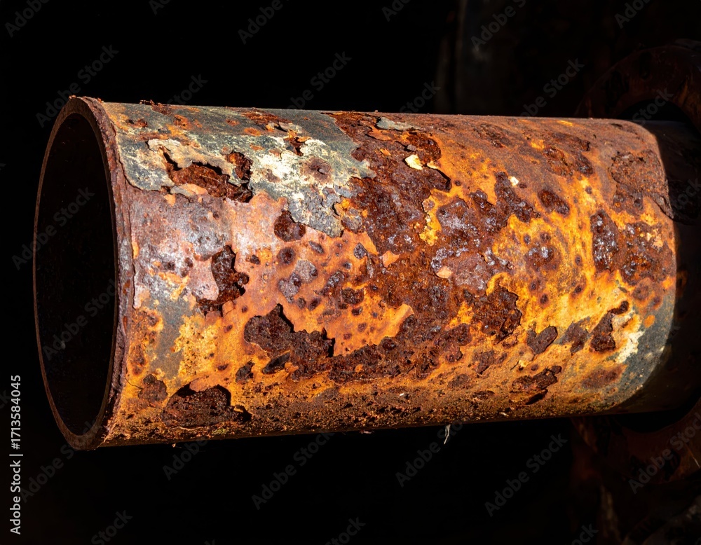Poster close-up of rusty metal pipe with texture and color variation