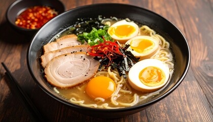 Delicious bowl of Japanese tonkotsu ramen with chashu pork and soft boiled eggs.