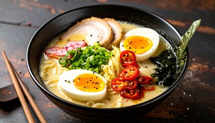 Delicious bowl of Japanese tonkotsu ramen with pork and egg.