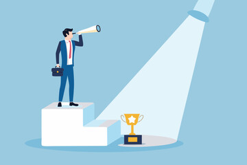 Businessman with spyglass on podium looking towards trophy under spotlight