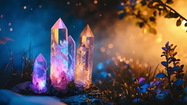 Magic still life with Gemstones fluorite crystal glow on nature background in night. Rocks for mystic ritual, witchcraft Wiccan or spiritual healing on stump in forest. Meditation reiki