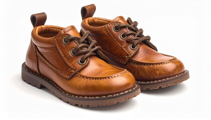 A pair of classic brown leather childrens boots isolated on a white background.