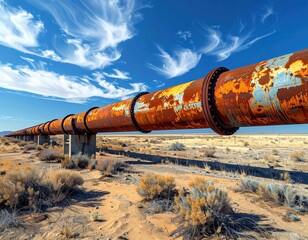 Rusty Industrial Pipeline Against Clear Blue Sky in Desert Landscape