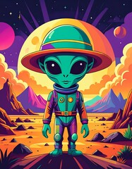 Cute alien in a colorful desert landscape under a full moon