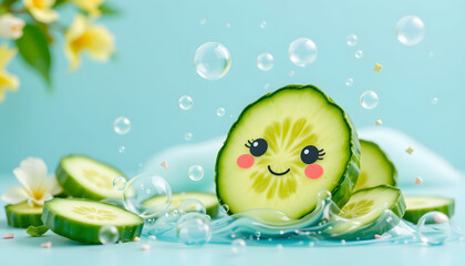 Playful Cartoon Cucumber Slices with Bubbles and Aqua Theme