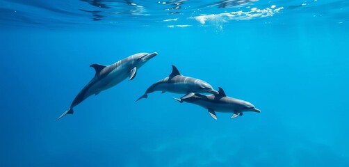 Three bottlenose dolphins swimming gracefully in the ocean, sunlight illuminating them,  nature,  mammal