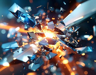 Abstract depiction of shattered glass fragments exploding outwards with bright light.