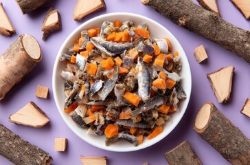Fototapeta premium Overhead shot of a white bowl filled with fish and carrots, surrounded by wood pieces on a lavender background