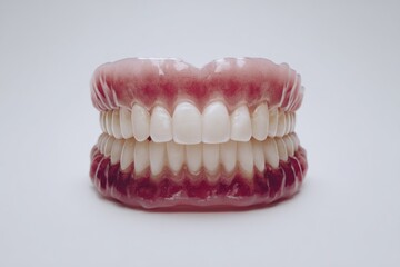 Obraz premium Dentures rest on white, a full set of artificial teeth in a pink gum base, displaying precise dental work against a plain background