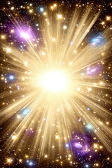 Obraz premium An explosion of light surrounded by shimmering stars and distant galaxies creates a dynamic cosmic backdrop, ideal for use in science fiction artwork, space-themed projects, or inspirational media,