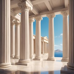 Naklejka premium Classical Marble Colonnade with Corinthian Columns Overlooking Sea