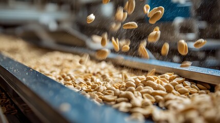 Peanuts pouring onto industrial conveyor inside food processing facility.