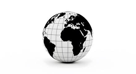 Black and White Globe with Grid Lines on White Background.