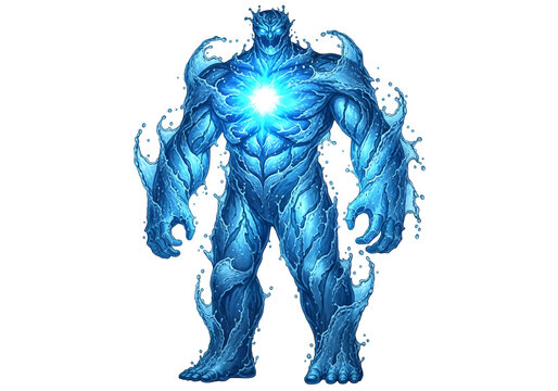 A powerful figure, composed of flowing, vibrant blue water, embodies strength and dynamic energy against a stark black background.