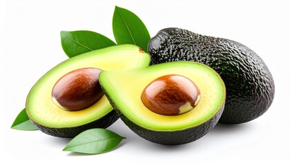 Fresh ripe avocado whole and cut in half with pit and leaves isolated on white background.