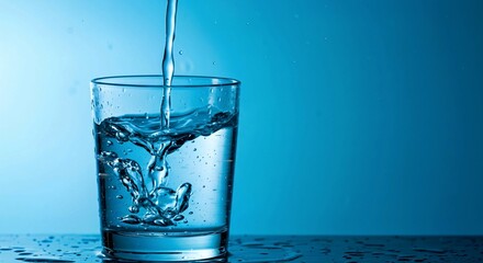 glass of water, Fresh drinking water pours into clear glass tumbler. Water splashes, bubbles form as liquid fills glass. Modern chrome faucet supplies pure water. Eco-friendly water supply depicted