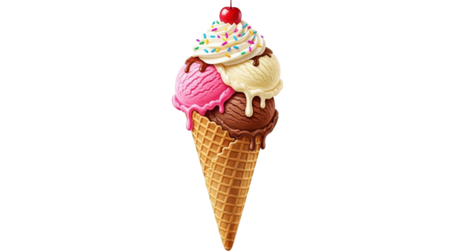 Ice cream cone with cherry on top isolated PNG with Transparent Background