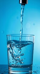 water pouring into glass, Fresh drinking water pours into clear glass tumbler. Water splashes, bubbles form as liquid fills glass. Modern chrome faucet supplies pure water. Eco-friendly water supply d