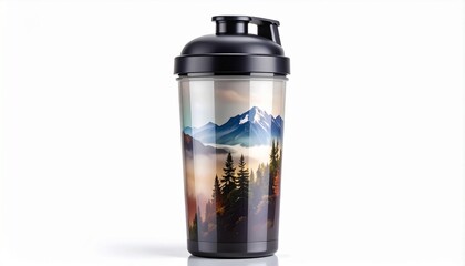 Fitness protein shaker bottle with a mountain landscape design.
