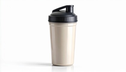 Protein shaker bottle with a nutritional supplement drink isolated on a white background.