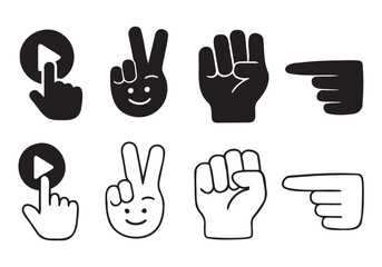 A set of hand gestures icons and silhouettes representing communication signs like victory, help, and number five, with fingers, thumb, and palm visible