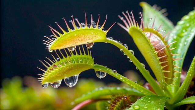 Close-up view of a Venus flytrap plant displaying water droplets on its leaves in a natural setting