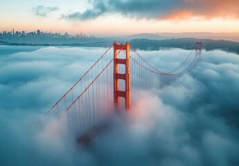 Obraz premium Orange Bridge Enveloped in Fog at Sunrise over Cityscape