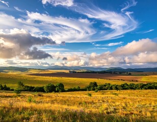 Obraz premium Scenic Landscape of Rolling Hills Under Blue Sky with Clouds