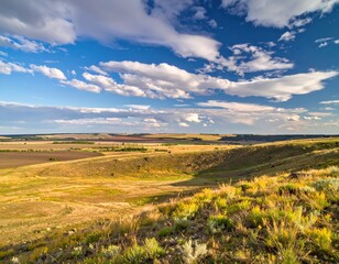 Obraz premium Expansive Countryside Landscape Under Blue Sky with White Clouds
