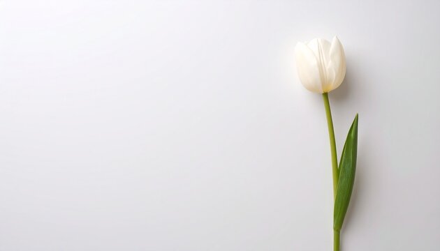 Elegant single white tulip flower on a plain light gray background.