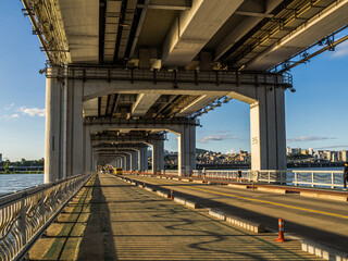 Seoul, South Korea &ndash; September.18.2025: Underneath View of Jamsu Bridge with Road and Columns by Han River