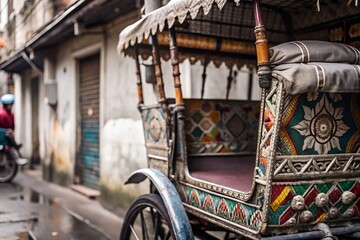 Closeup of a beautifully decorated rickshaw in kolkata, india, showcasing its intricate design and cultural significance