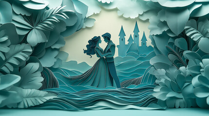 3D Paper Cut Card Model Illustration: Prince and Princess Dancing Near the Castle, Romantic Atmosphere