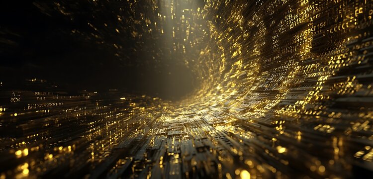 Fractured AI codex monolith projecting data timelines through shifting golden glyphs