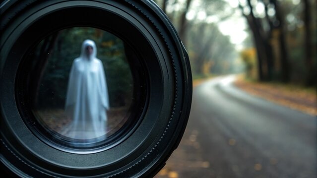 Spooky road travel trips in Halloween theme. A ghostly figure appears through a camera lens in a forest setting.