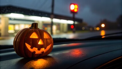 Spooky road travel trips in Halloween theme. A lit Halloween pumpkin sits on a car dashboard with a blurred store backdrop at night.