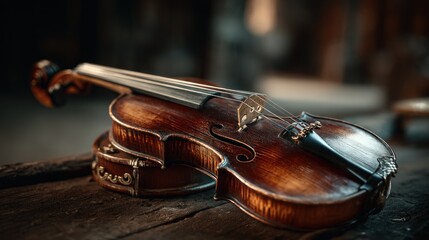 Artistic Composition: Antique Violin Resting on Aged Wooden Surface Display