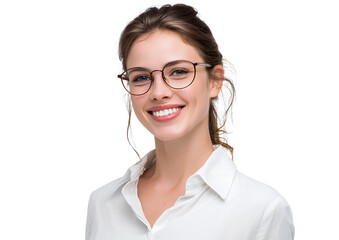  a smiling young woman in glasses and a white shirt, isolated on a transparent background.