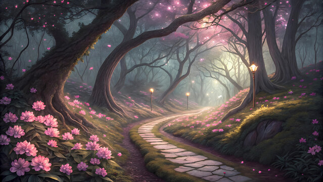 Enchanted forest path with pink flowers and glowing lanterns serene nature landscape wallpaper art print 100